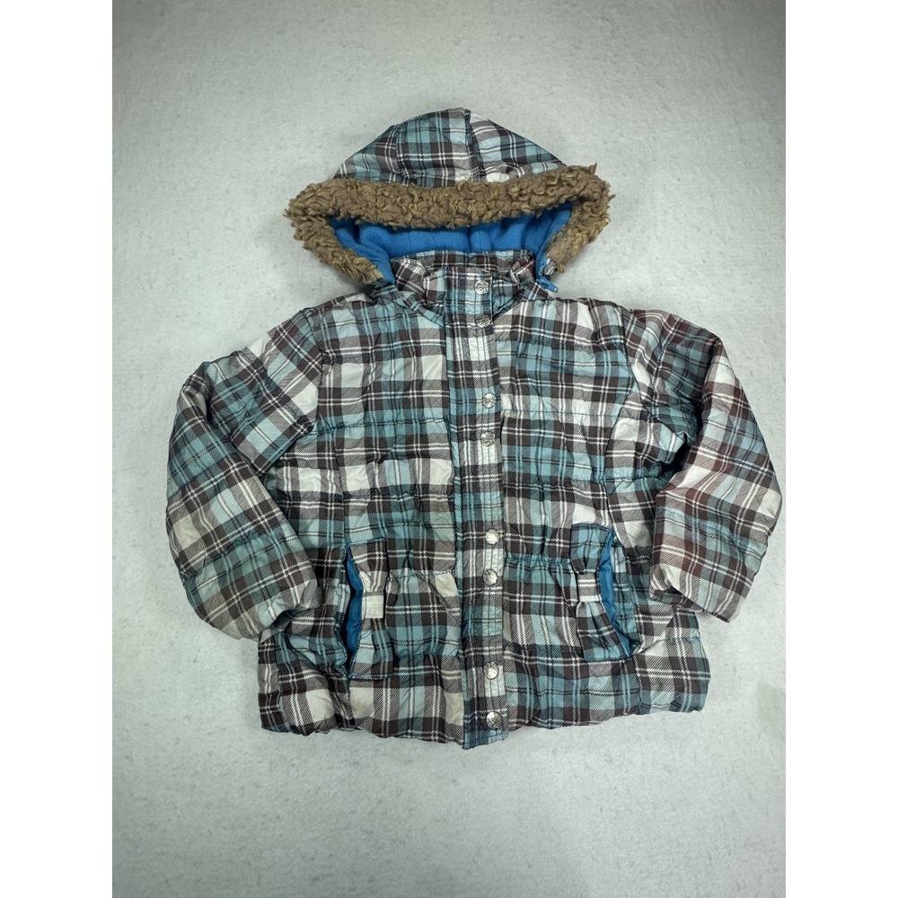 Dollhouse Puffer Jacket Girls 4T Blue Plaid Fleece Lined Hooded Faux Fur Trim